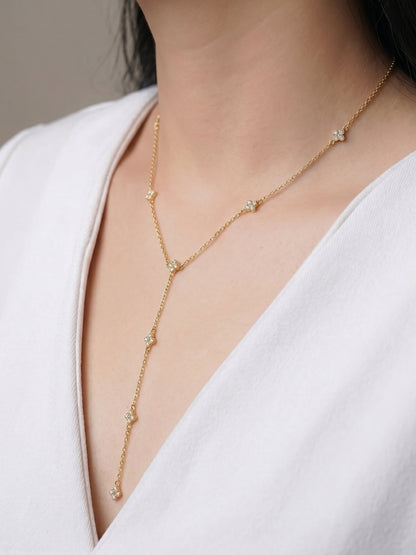 Arianaa Clover Diamond Solitaire Drop 18K Gold Plated Y Shaped Women's Chain Pendant Necklace