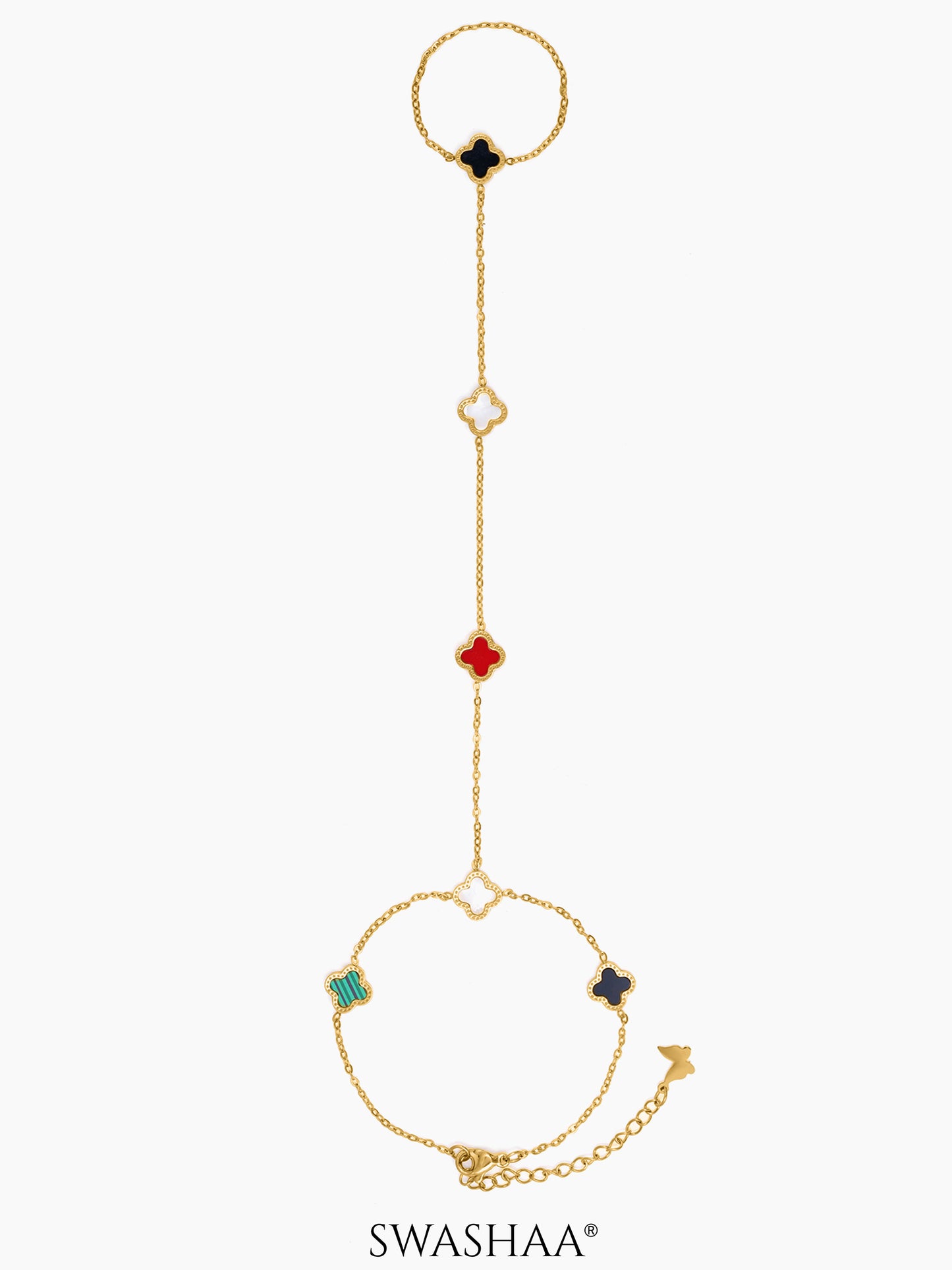 Ariya Dainty Green Black Red Clover 18K Gold Plated Ring Bracelet