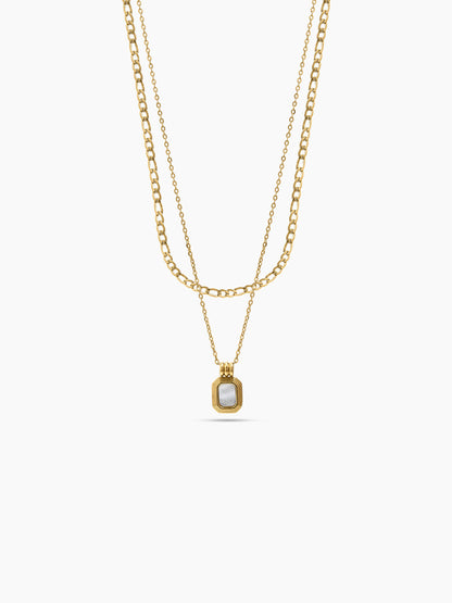 Arkon Square White Stone Charm Link Chain 18K Gold Plated Men's Layered Chain Pendant