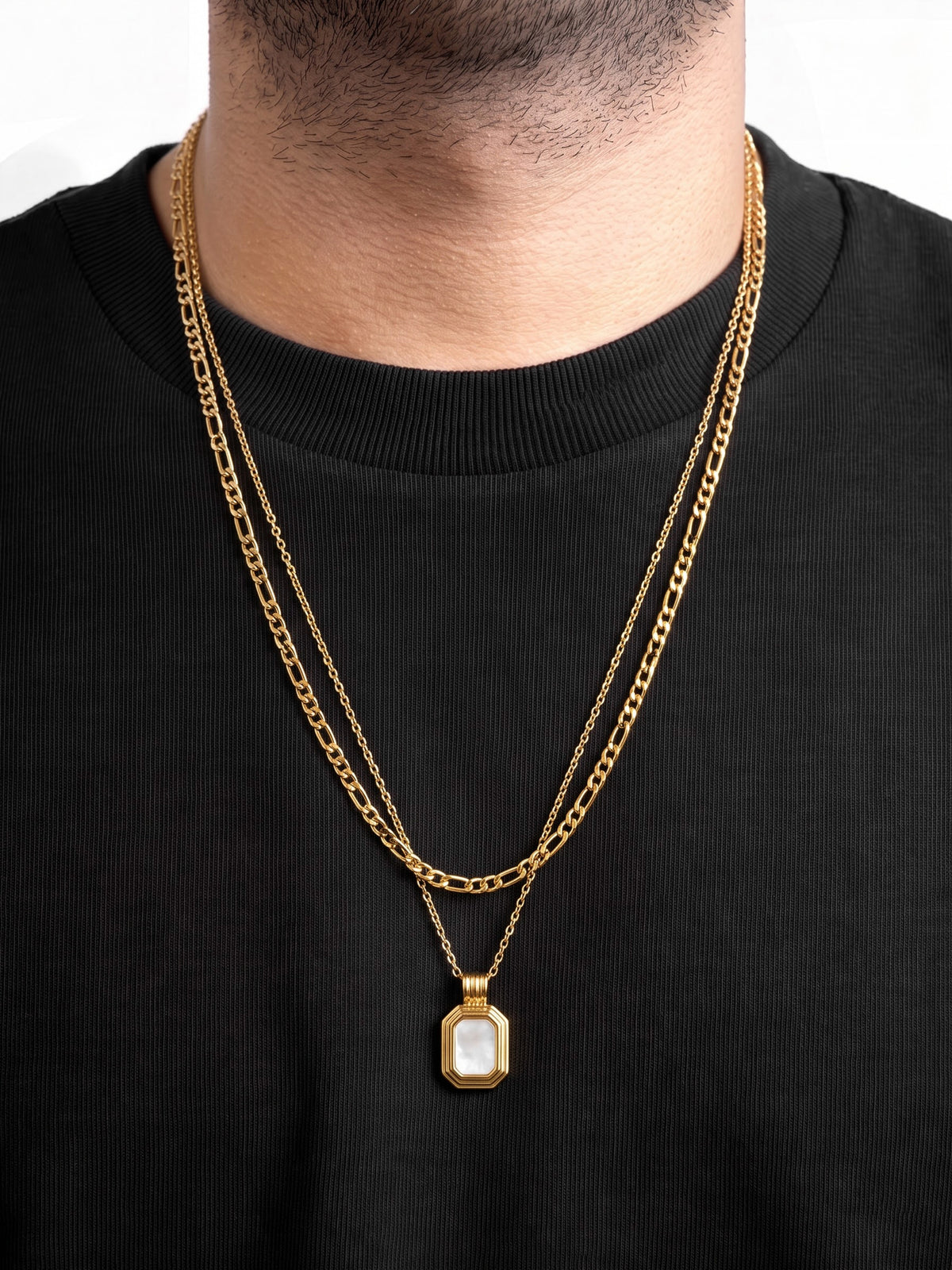 Arkon Square White Stone Charm Link Chain 18K Gold Plated Men's Layered Chain Pendant