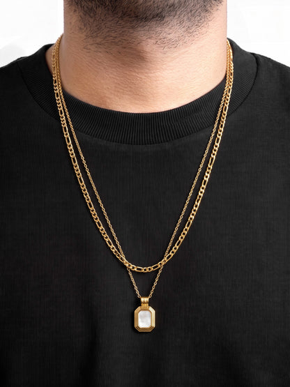 Arkon Square White Stone Charm Link Chain 18K Gold Plated Men's Layered Chain Pendant