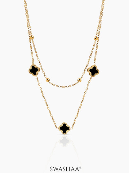 Aroha Black Enamel Clover Charms Layered 18K Gold Plated Necklace