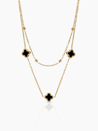 Aroha Black Enamel Clover Charms Layered 18K Gold Plated Necklace