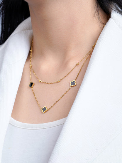 Aroha Black Enamel Clover Charms Layered 18K Gold Plated Necklace