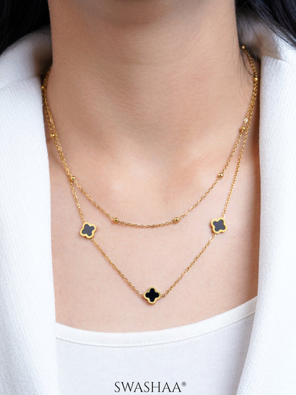Aroha Black Enamel Clover Charms Layered 18K Gold Plated Necklace