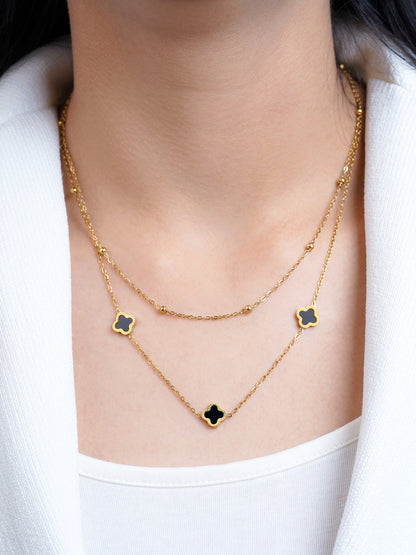 Aroha Black Enamel Clover Charms Layered 18K Gold Plated Necklace