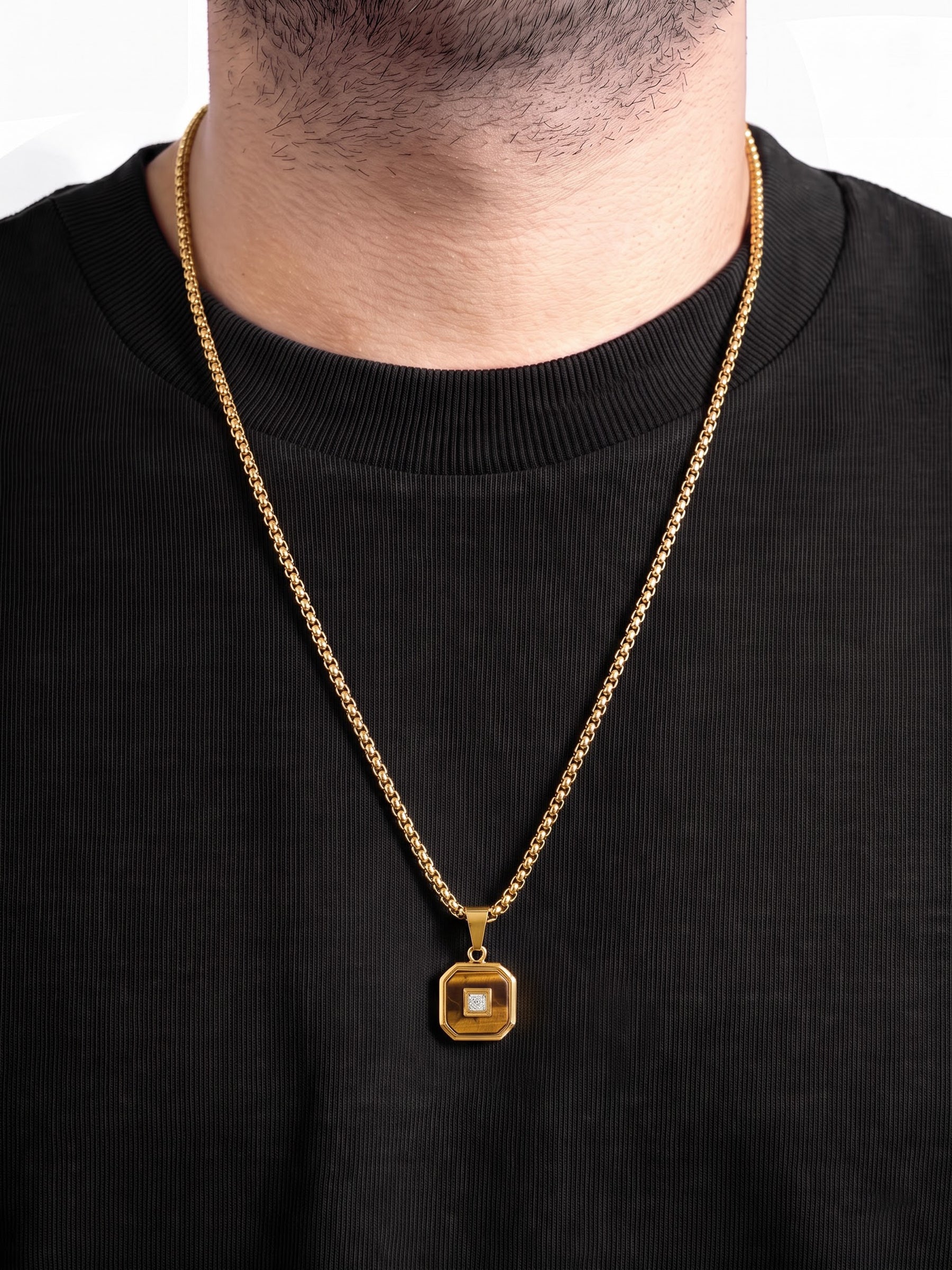 Asher Diamond Square Frame 18K Gold Plated Men's Chain Pendant
