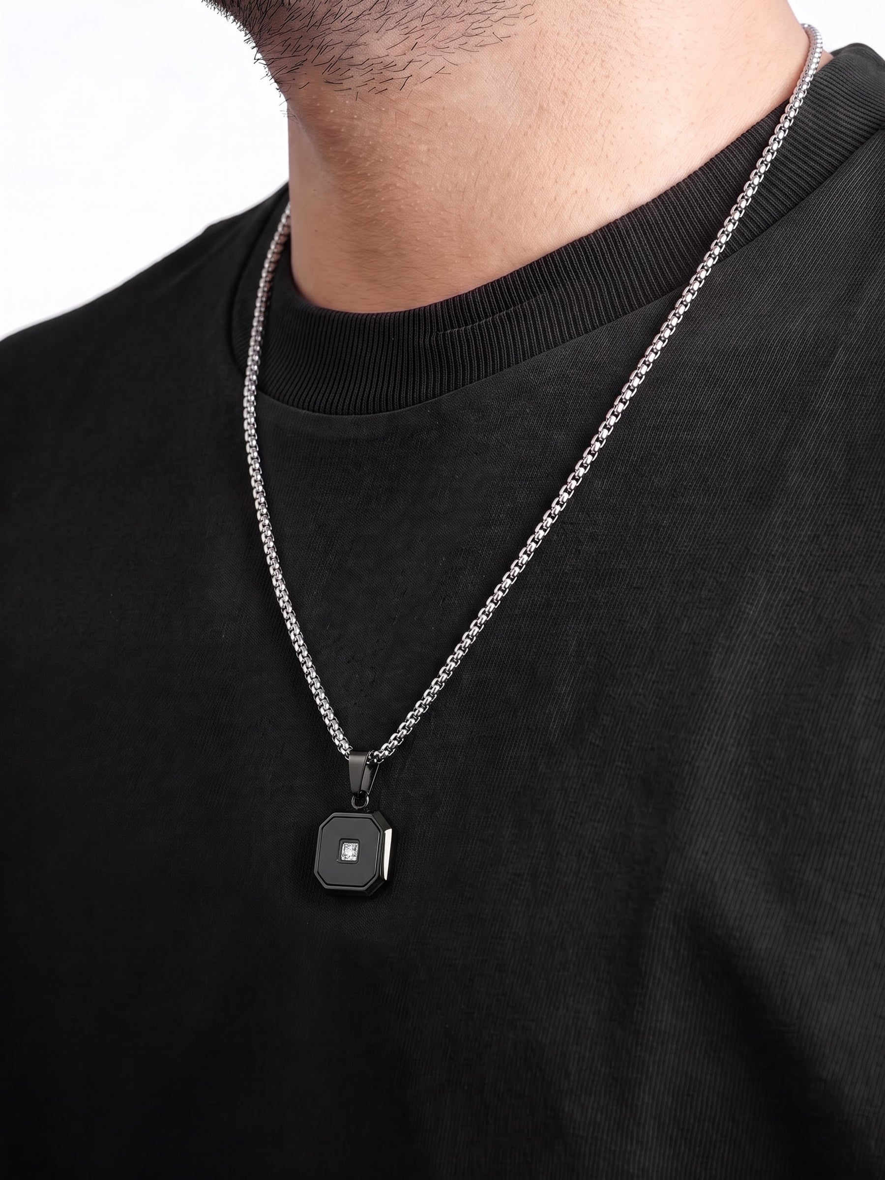 Asher Diamond Square Frame Silver - Black Men's Chain Pendant