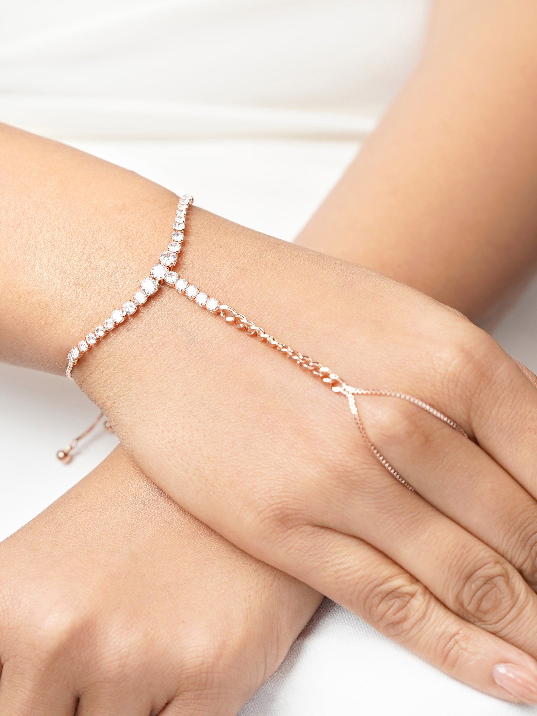 Ashna Dazzling Cubic Diamond Rosegold Plated Ring Bracelet