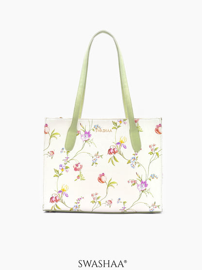Ashno Floral White Leather Tote Bag