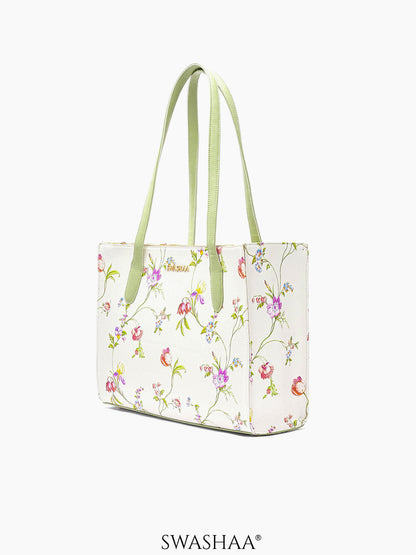 Ashno Floral White Women's Leather Tote Bag