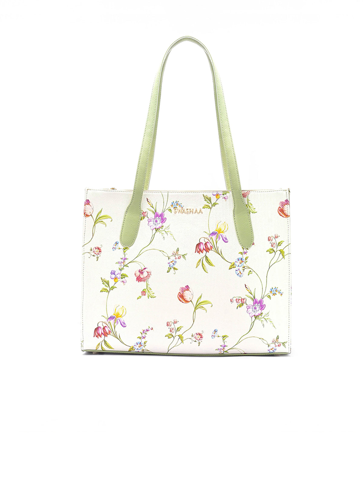 Ashno Floral White Leather Tote Bag - Swashaa