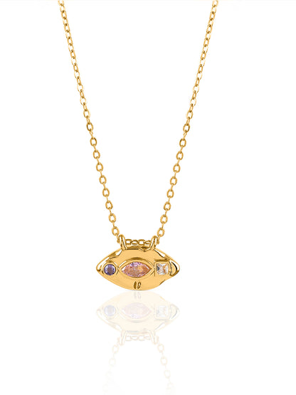 Astra Eye Pink Purple Stones Charm 18K Gold Plated Chain Pendant Necklace