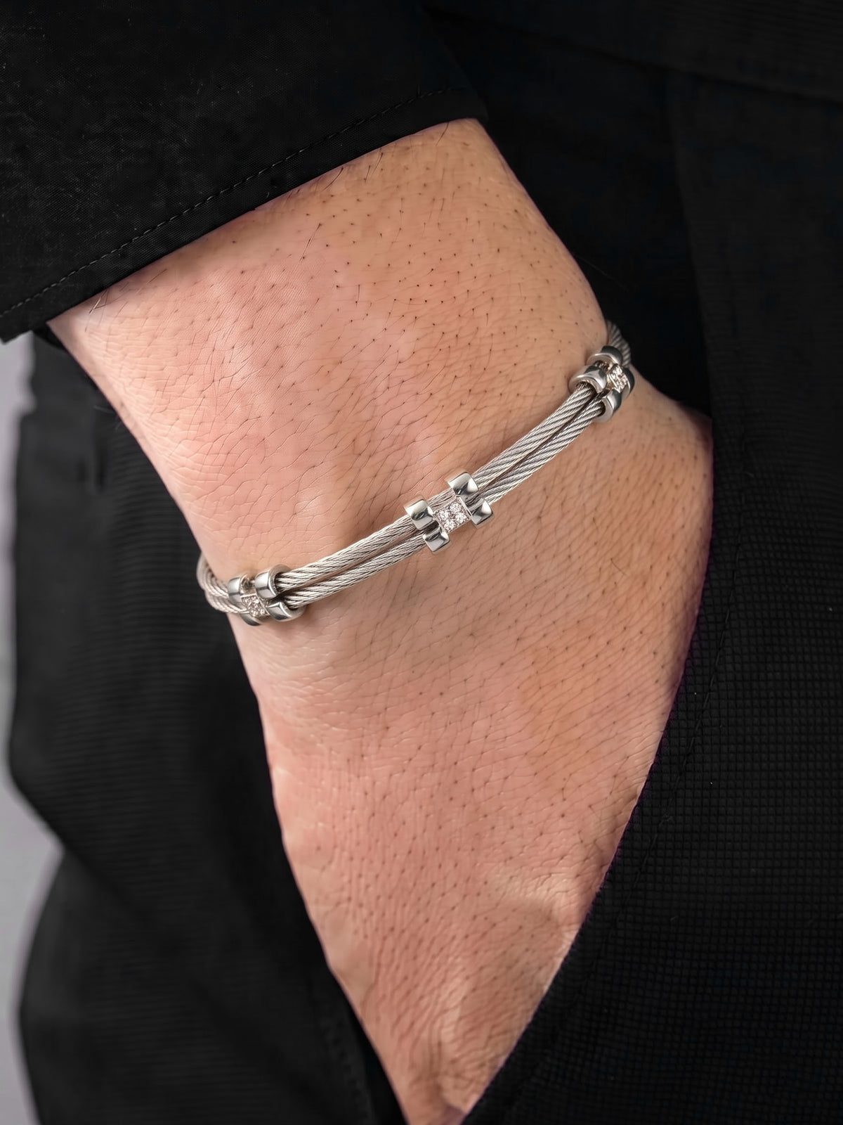 Astrid Diamond Silver Wired Men's Cuff Bracelet