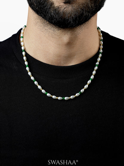 Aurel White Oval Pearl Green Beads Silver Men's Chain