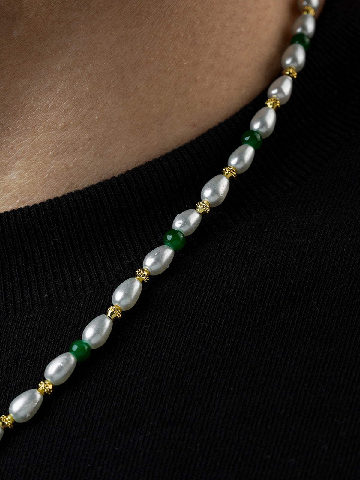 Aurel White Oval Pearl Green Beads Silver Men's Chain