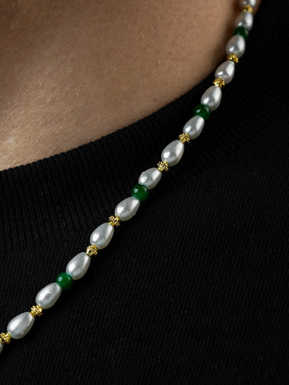 Aurel White Oval Pearl Green Beads Silver Men's Chain