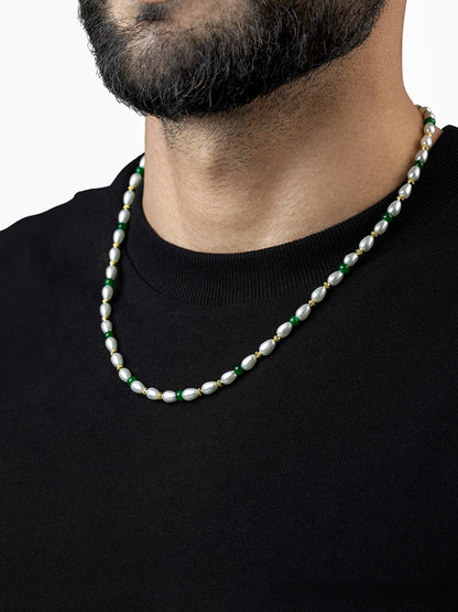 Aurel White Oval Pearl Green Beads Silver Men's Chain