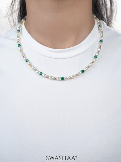 Aurel White Oval Pearl Green Round Beads 18K Gold Plated Women's Chain