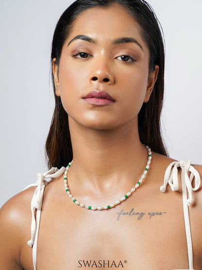 Aurel White Oval Pearl Green Gold Beads 18K Gold Plated Women's Chain