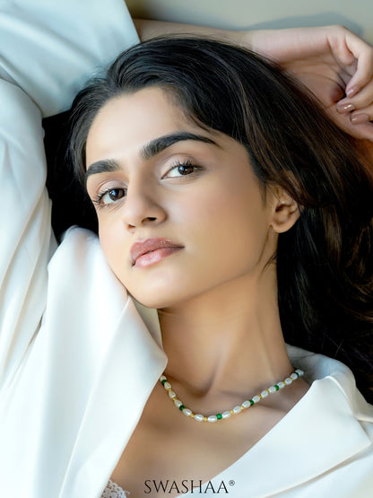 Aurel White Oval Pearl Green Beads Silver Men's Chain