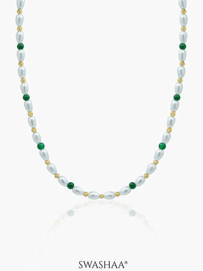 Aurel White Oval Pearl Green Round Beads 18K Gold Plated Women's Chain