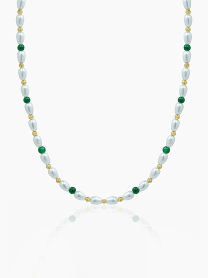 Aurel White Oval Pearl Green Beads Silver Men's Chain