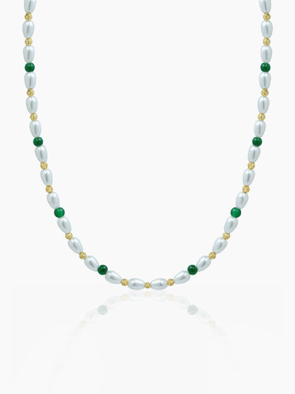 Aurel White Oval Pearl Green Round Beads 18K Gold Plated Women's Chain