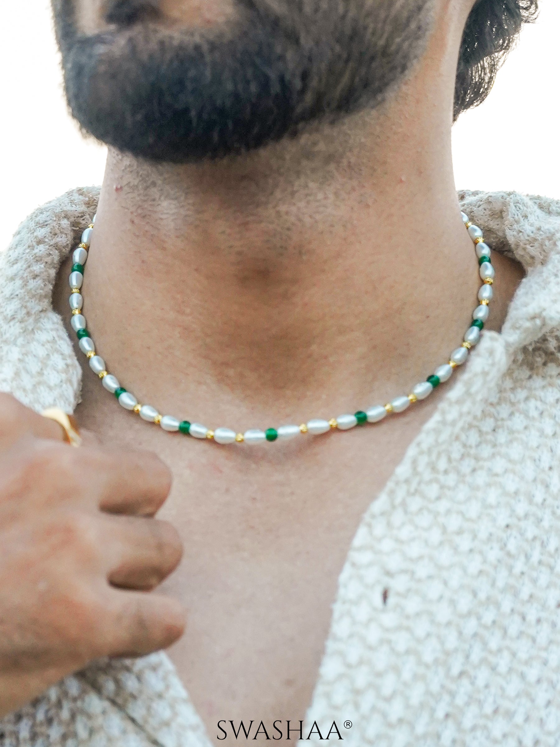 Aurel White Oval Pearl Green Beads Silver Men's Chain