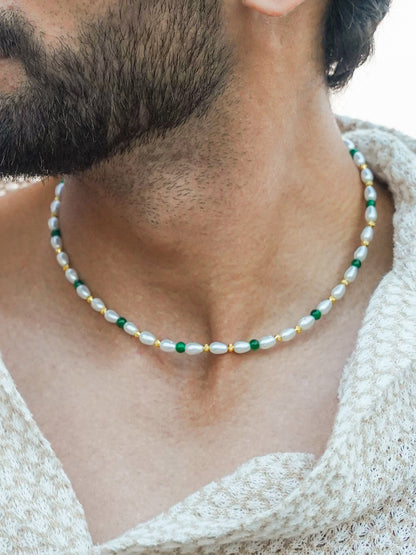 Aurel White Oval Pearl Green Beads Silver Men's Chain