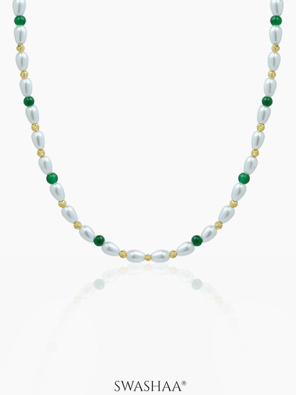 Aurel White Oval Pearl Green Beads Silver Men's Chain