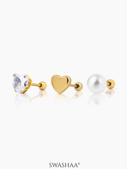 Aurelia Golden Heart Studs Dainty Pearls 18K Gold Plated Stud Earrings Set