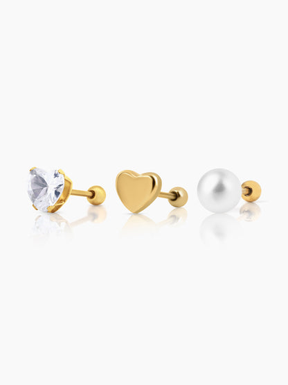 Aurelia Golden Heart Studs Dainty Pearls 18K Gold Plated Stud Earrings Set