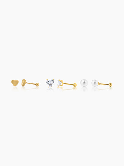 Aurelia Golden Heart Studs Dainty Pearls 18K Gold Plated Stud Earrings Set