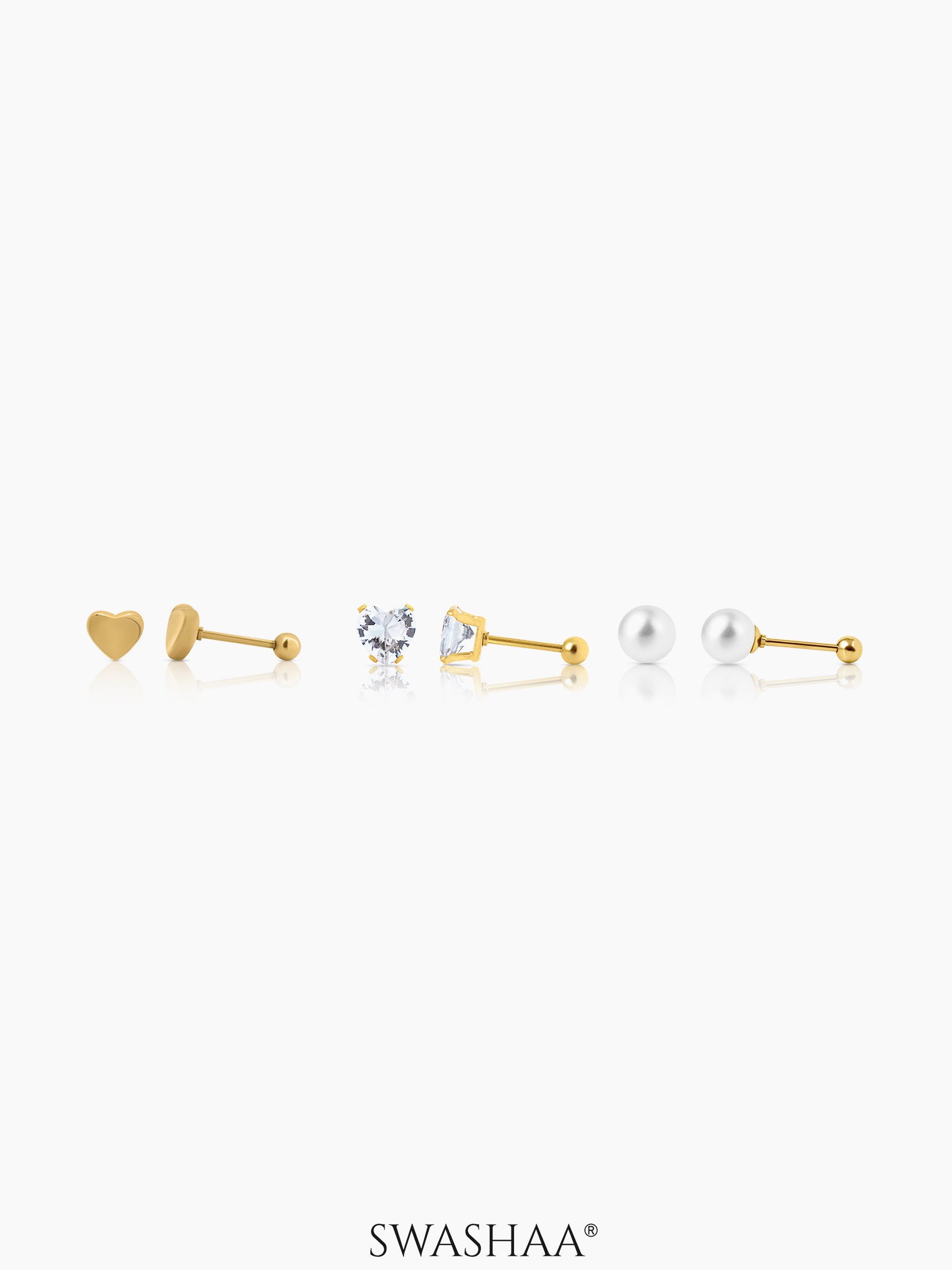 Aurelia Golden Heart Studs Dainty Pearls 18K Gold Plated Stud Earrings Set