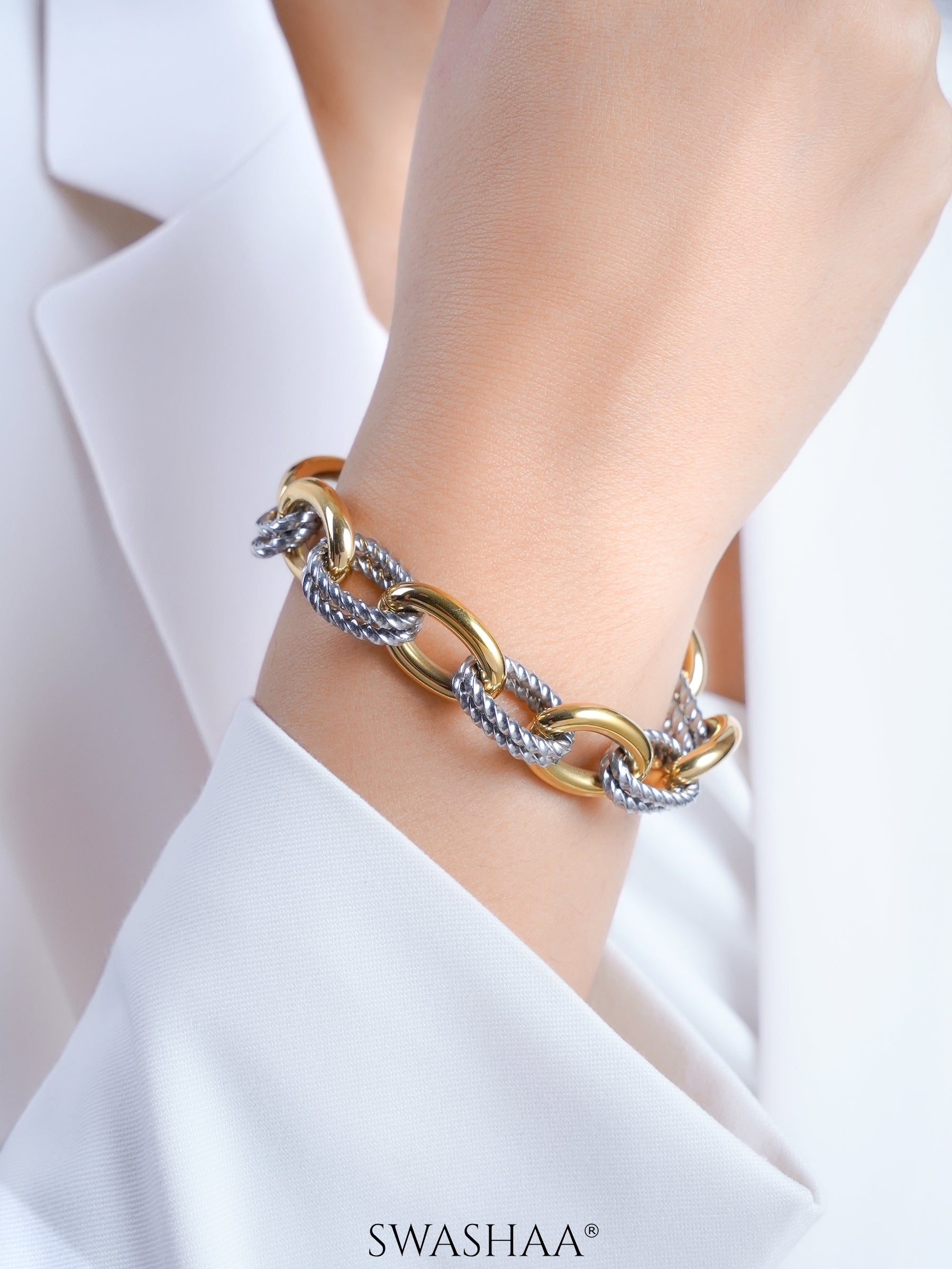 Aurika Dual Tone 18K Gold - Silver Link Women's Loose Chain Bracelet