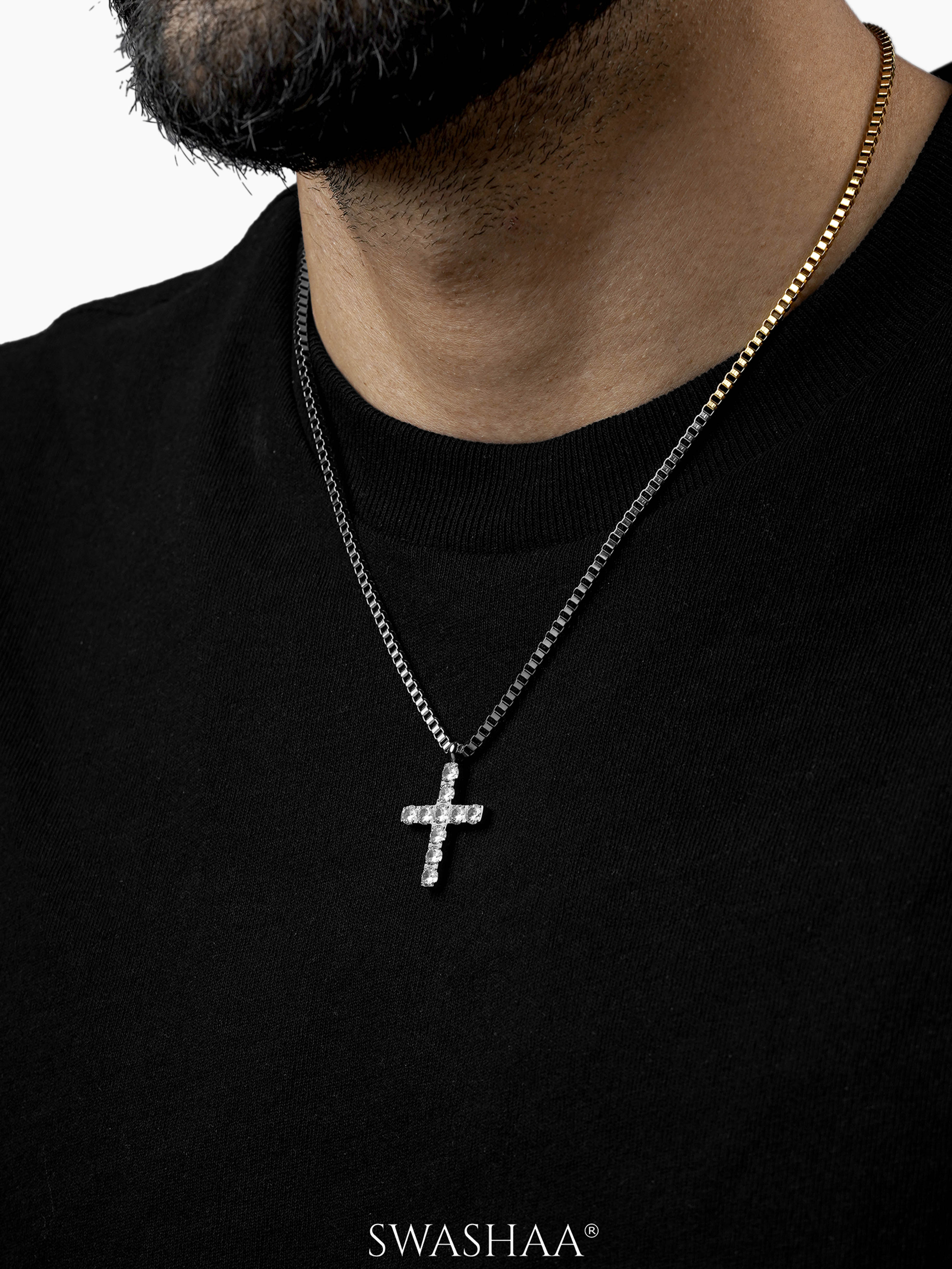 Auron Christian Cross Diamond Silver Men's Chain Pendant