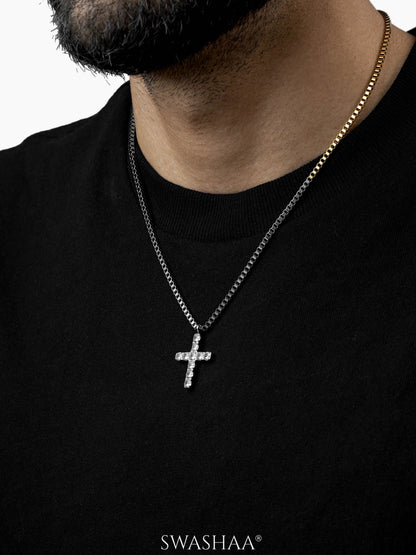 Auron Christian Cross Diamond Silver Men's Chain Pendant