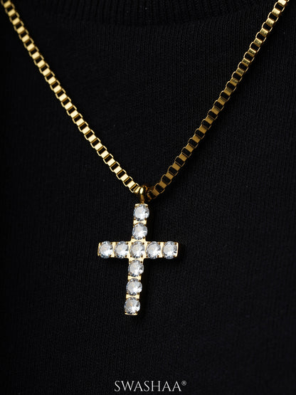 Auron Christian Cross Diamond 18K Gold Plated Men's Chain Pendant