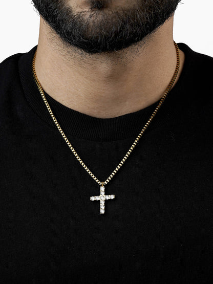 Auron Christian Cross Diamond 18K Gold Plated Men's Chain Pendant