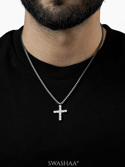 Auron Christian Cross Diamond Silver Men's Chain Pendant