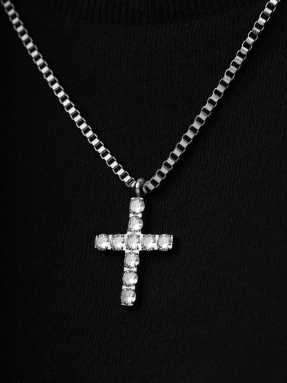Auron Christian Cross Diamond Silver Men's Chain Pendant
