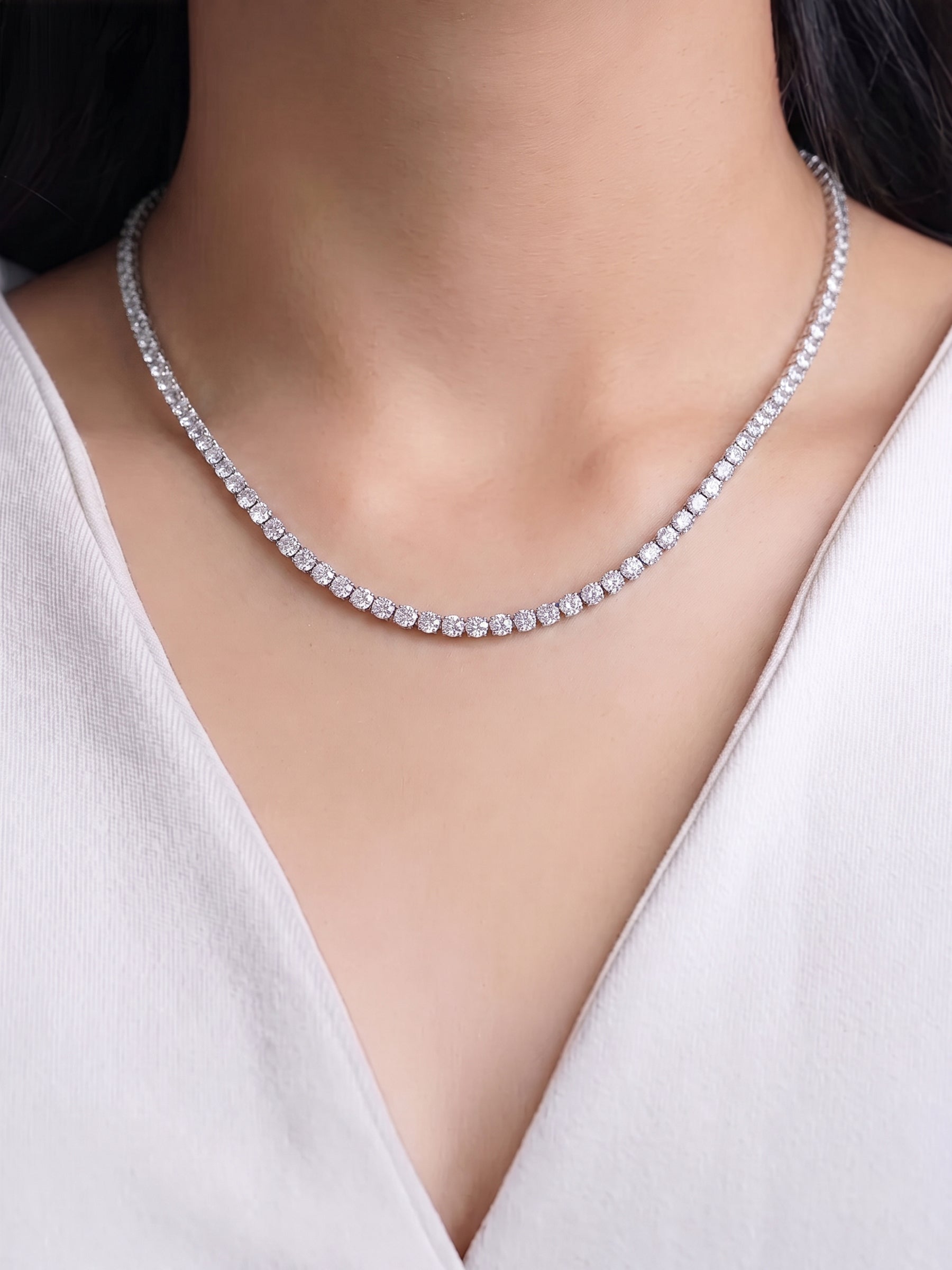 Aurora Round Diamond Solitaire Silver Women's Tennis Necklace