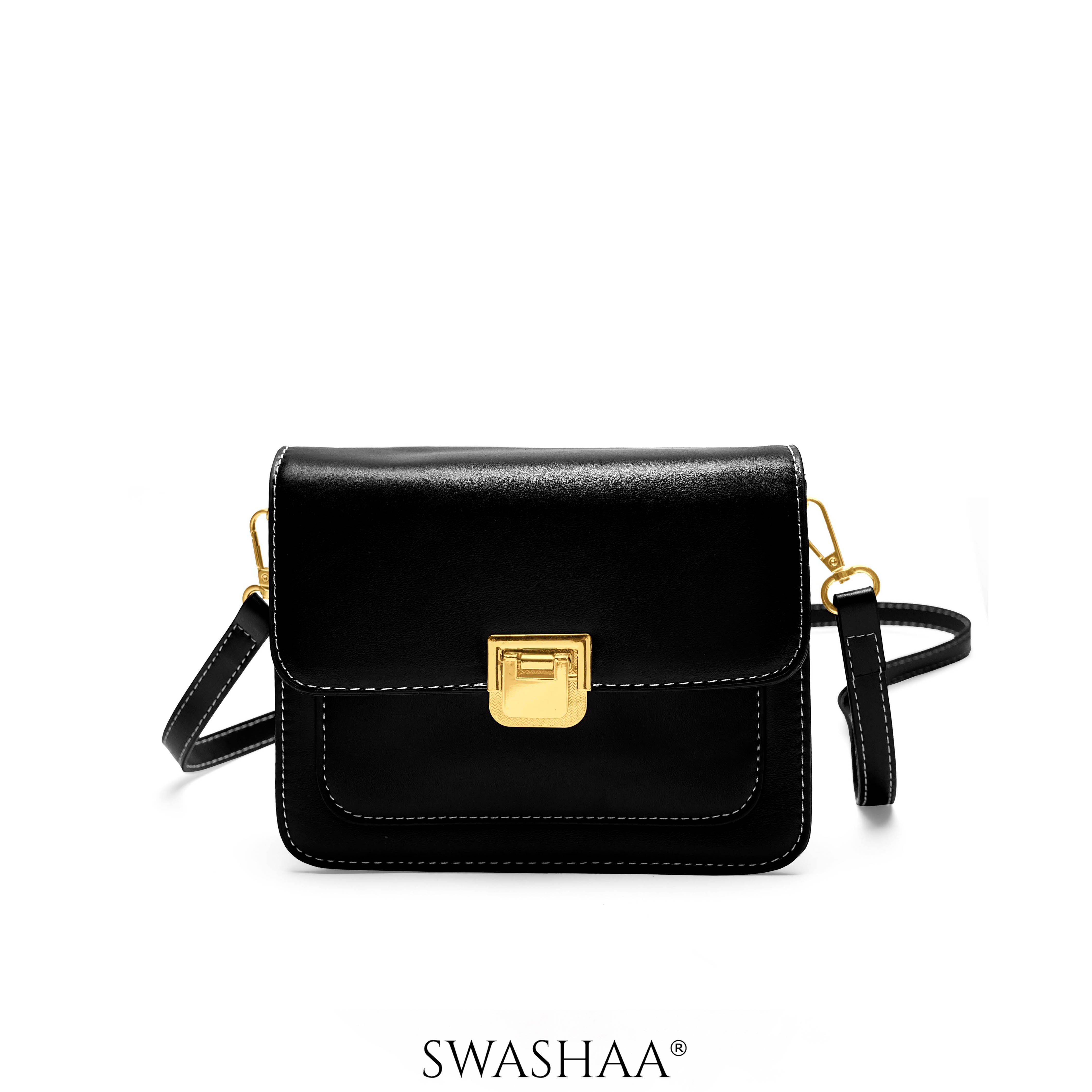 Aurora Electric Black Leather Sling Bag Swashaa