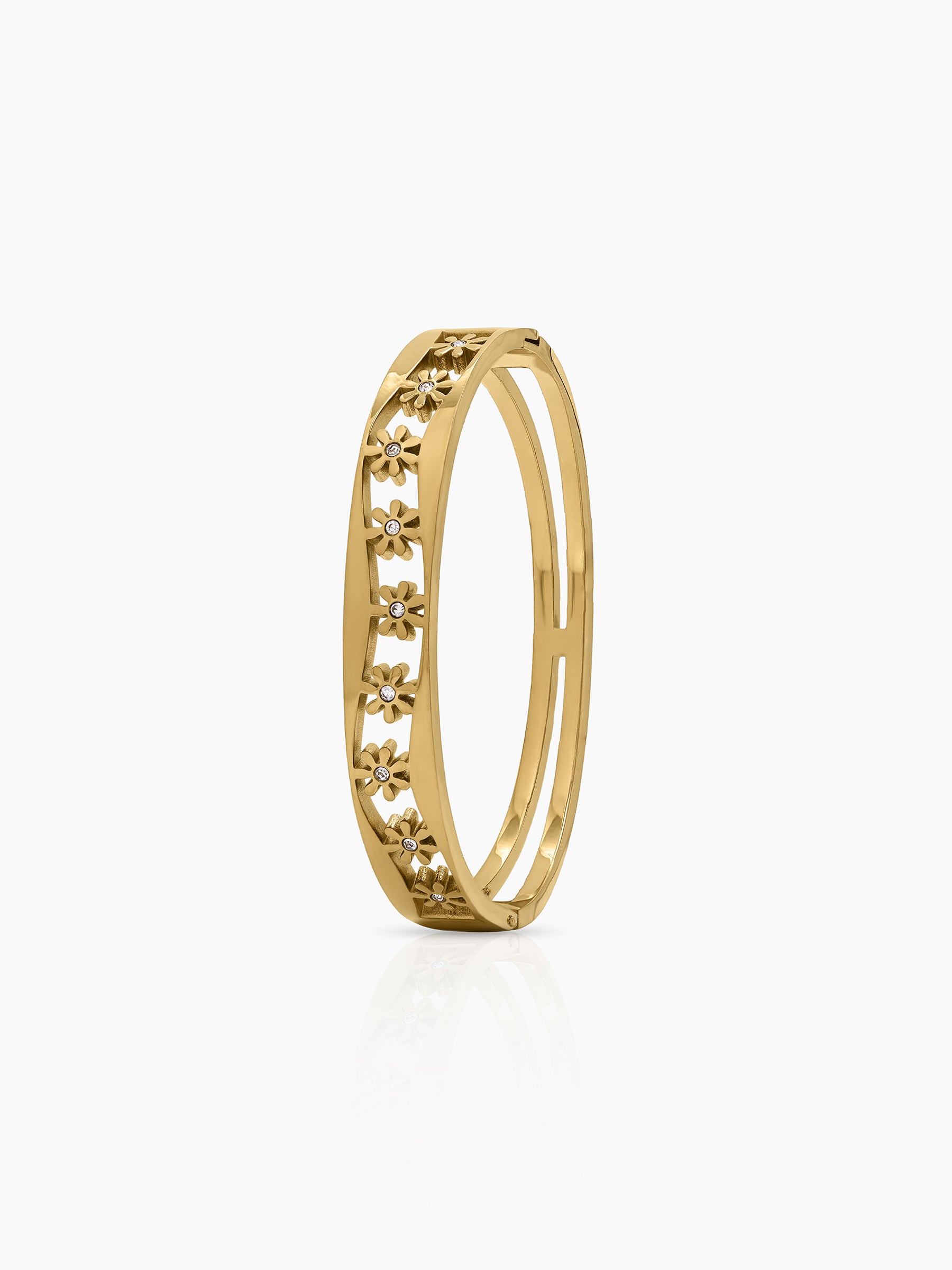 Avelia  Floral Diamond Solitaire 18K Gold Plated Women's Solid Band Bracelet