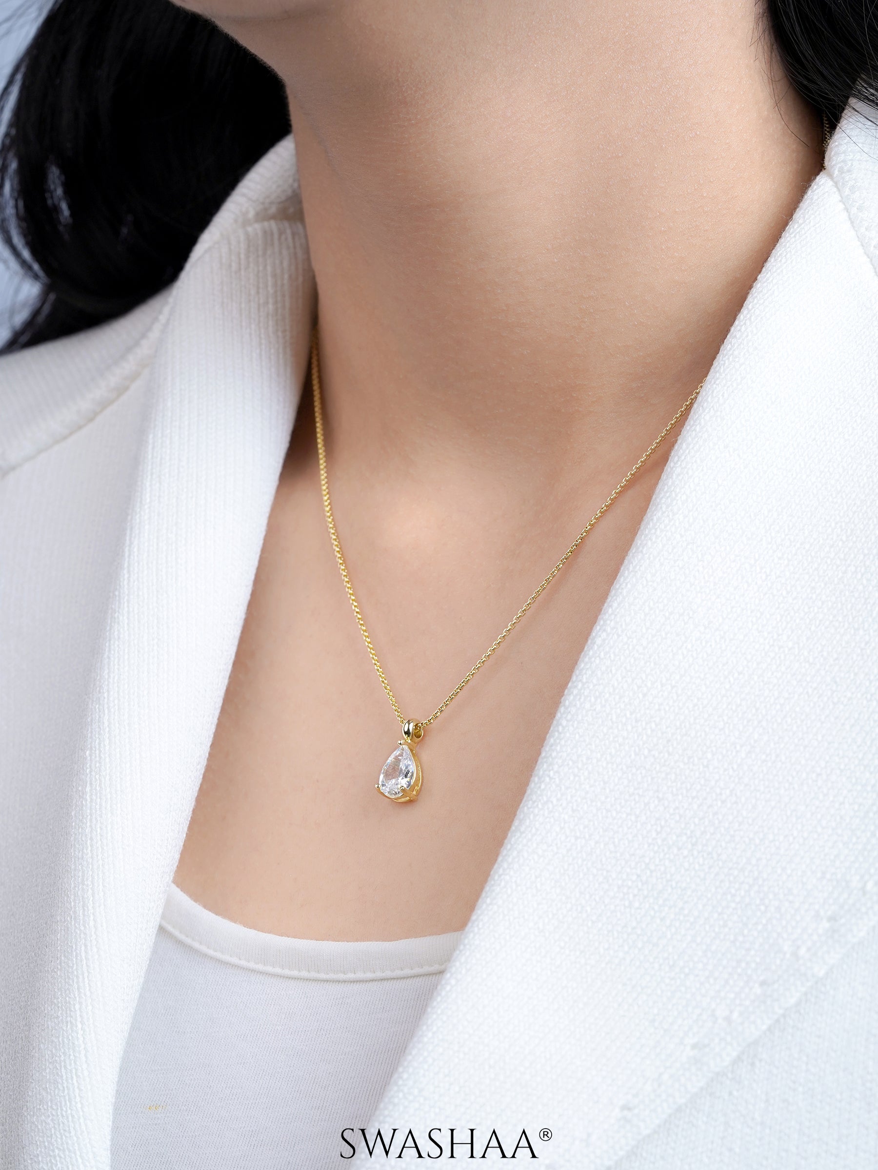 Aveline Tear Drop Diamond Solitaire 14K Gold Plated Necklace