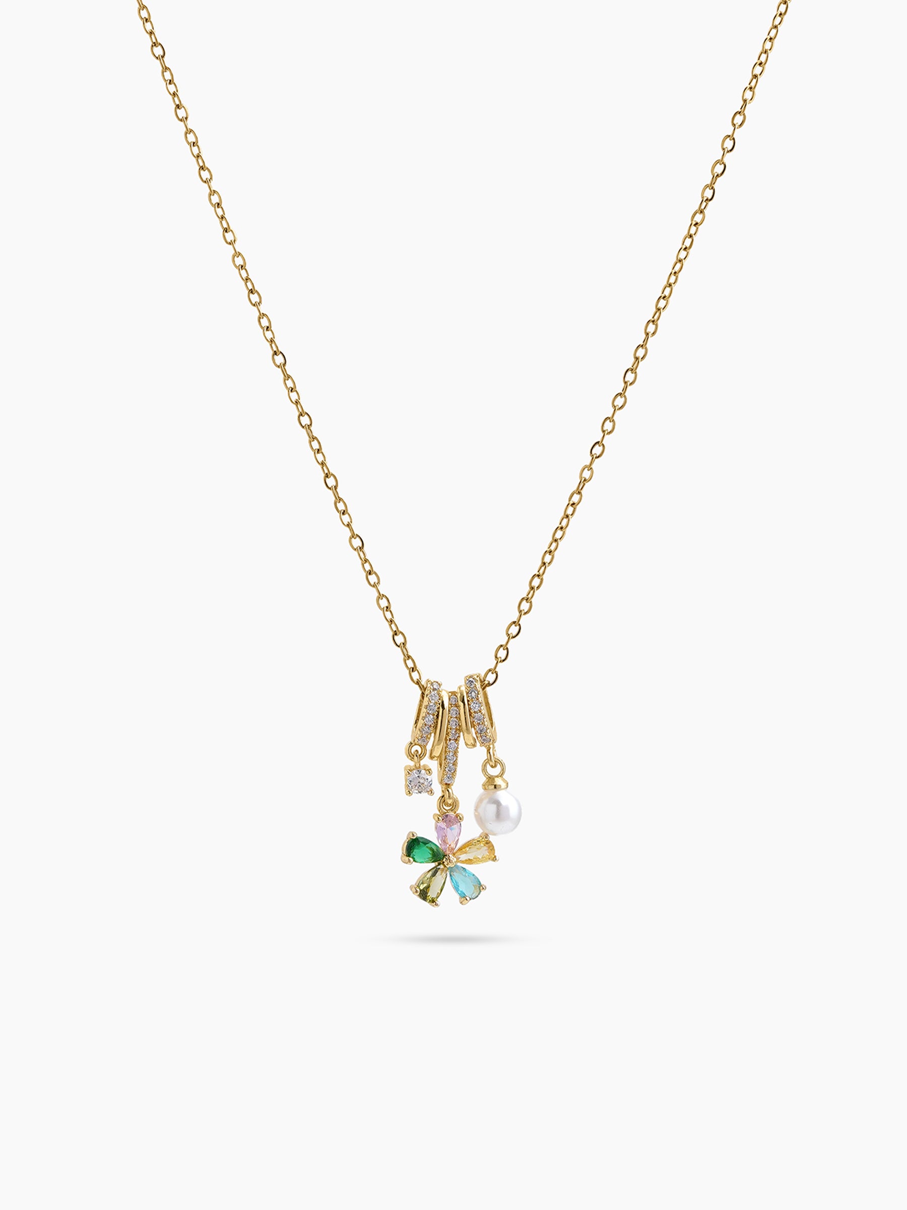 Avelisse Multicolour Floral Pearl Charms Diamond 18K Gold Plated Women's Chain Pendant Necklace