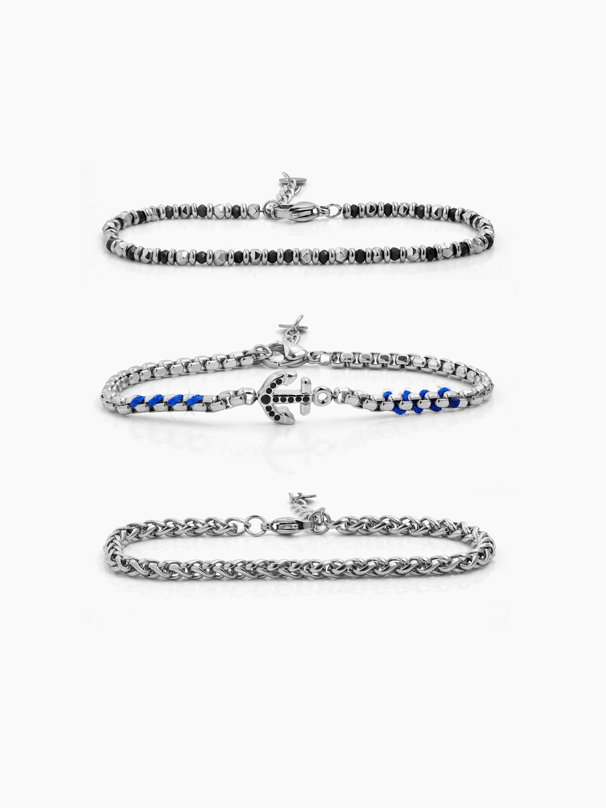 Avenix Charms Beaded Chain Silver, Blue Men's Loose Chain Bracelet Set