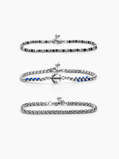 Avenix Charms Beaded Chain Silver, Blue Men's Loose Chain Bracelet Set