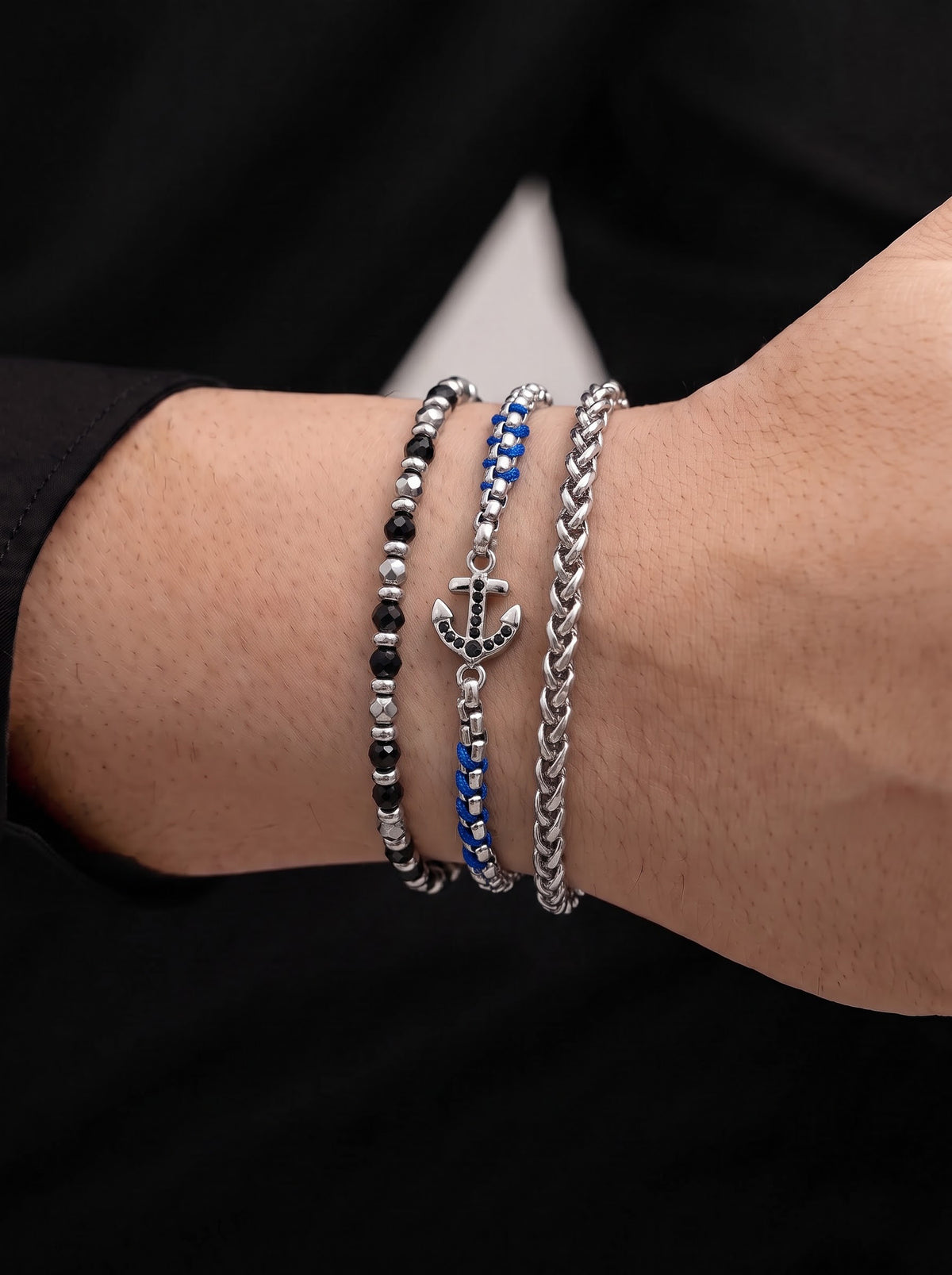 Avenix Charms Beaded Chain Silver, Blue Men's Loose Chain Bracelet Set